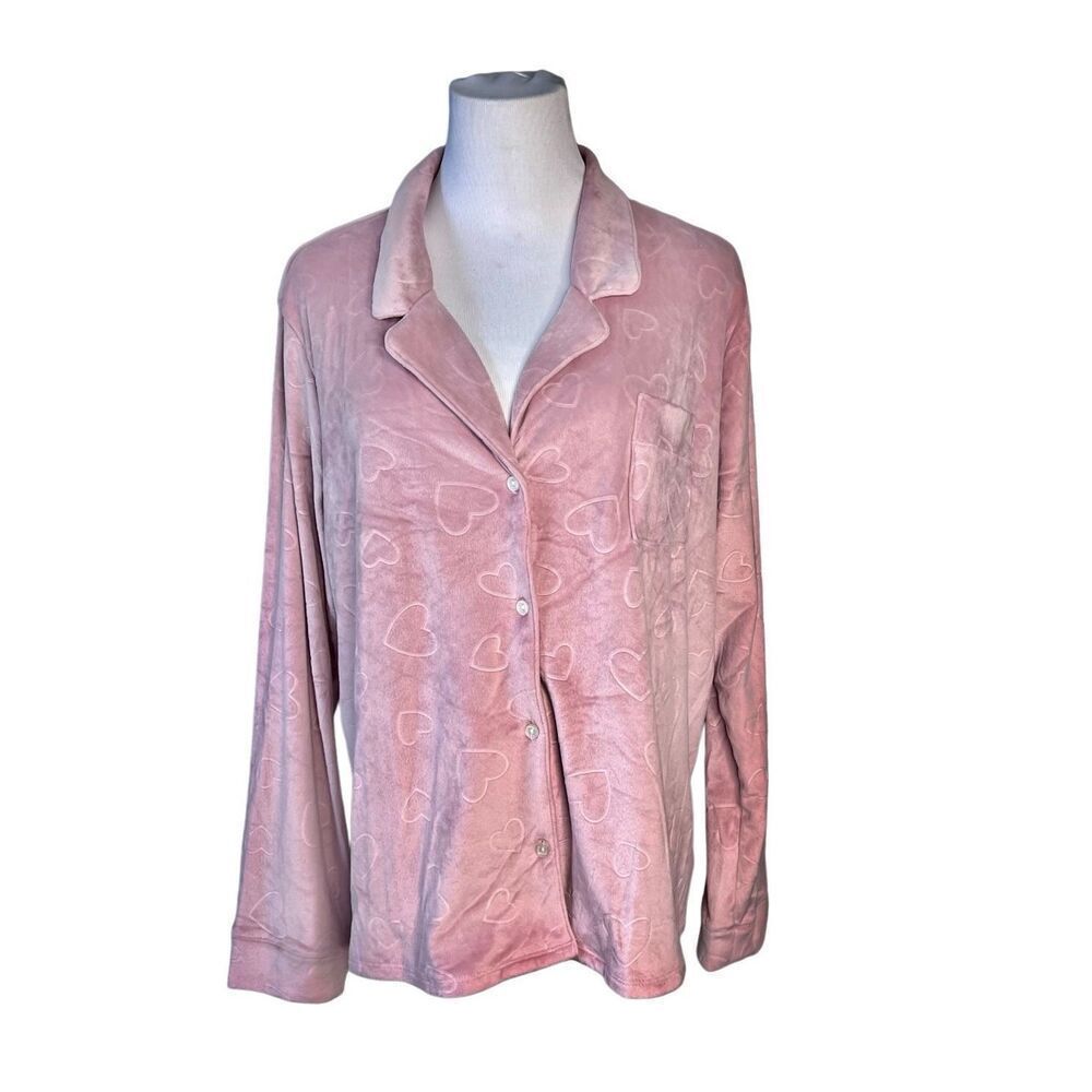 Jacklyn Intimates Pink Hearts Button Up Velour Shirt‎ Top Sleepwear sz XL